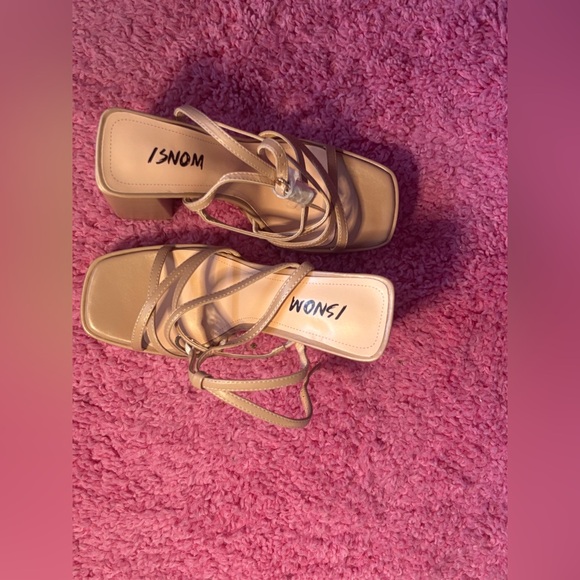 ISNOM Tan Faux Leather Strappy Block chunky platform heels - Picture 3 of 4